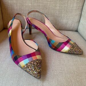 J. Crew Collette d’Orsay Slingback Pump multi silk plaid w/glitter Sz 8 3” heel